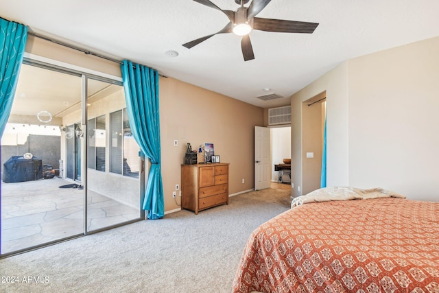 carpeted bedroom featuring access to exterior and ceiling fan