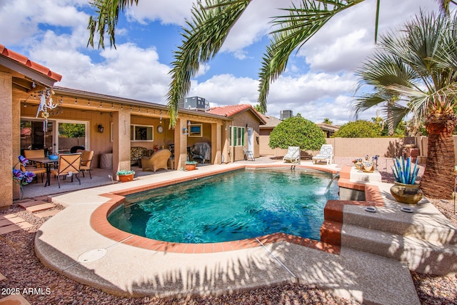 view of pool featuring central air condition unit, a fenced in pool, a patio, and fence