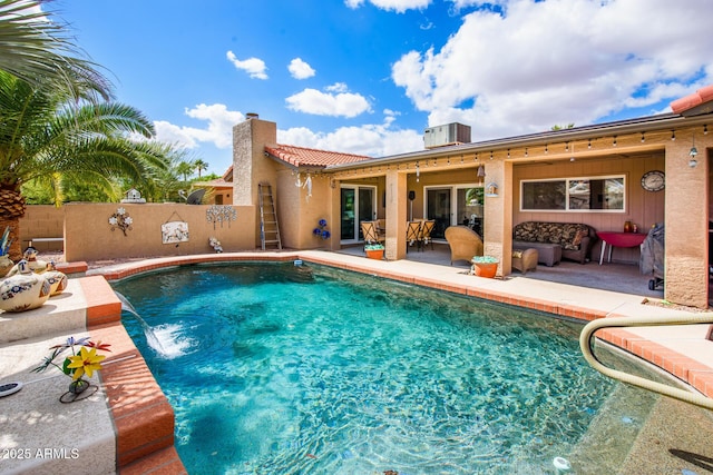 view of pool with a fenced in pool, central AC unit, a fenced backyard, and a patio area