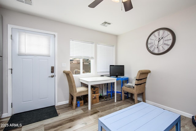 home office featuring visible vents, baseboards, and light wood finished floors