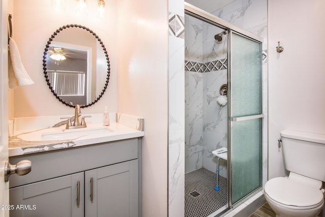 bathroom with vanity, toilet, and a shower stall