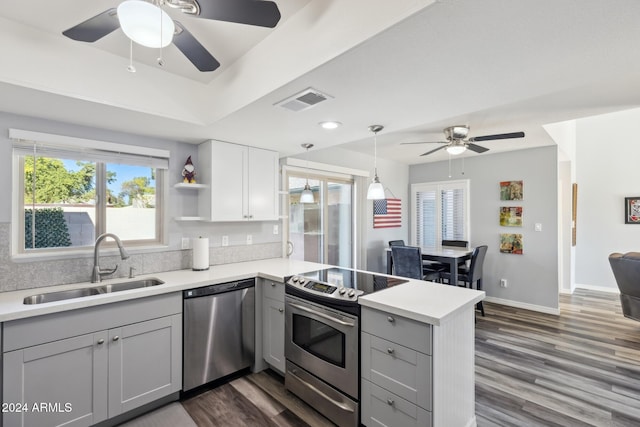 kitchen with sink, stainless steel appliances, dark hardwood / wood-style floors, kitchen peninsula, and gray cabinets