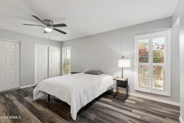 bedroom with dark hardwood / wood-style flooring, multiple windows, and ceiling fan