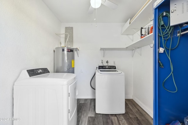 laundry room with dark hardwood / wood-style flooring, electric water heater, washer and clothes dryer, and ceiling fan