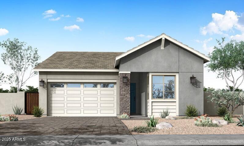 5901 S Red Rock St, Gilbert, AZ 85298 - view of front of property featuring stucco siding, driveway, an attached garage, and stone siding