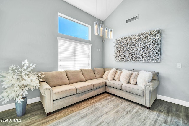 living room with hardwood / wood-style flooring and high vaulted ceiling