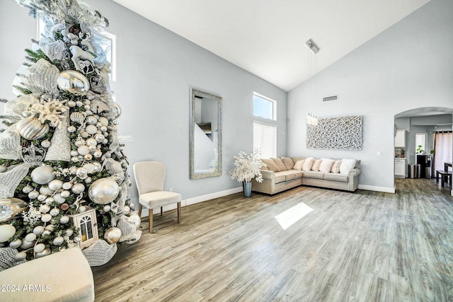 unfurnished living room featuring wood-type flooring and high vaulted ceiling