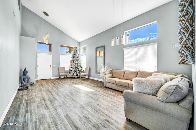 living room with high vaulted ceiling and hardwood / wood-style floors