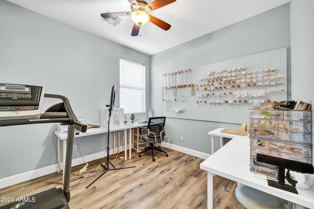 office area featuring wood-type flooring and ceiling fan