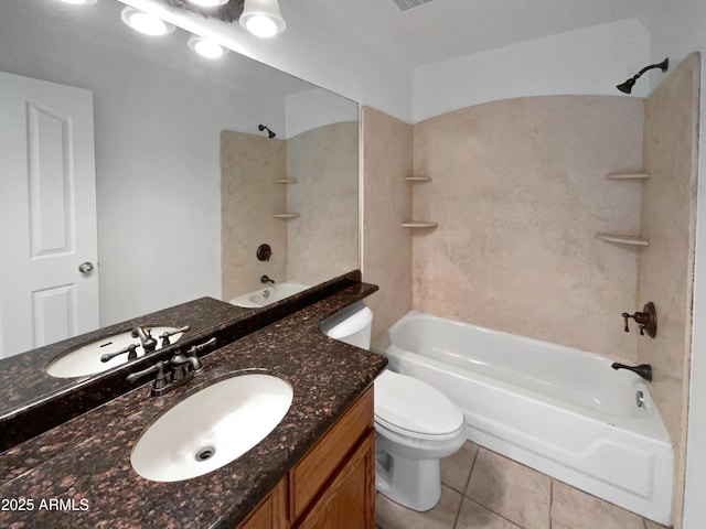 full bathroom featuring tile patterned flooring, crown molding, toilet, vanity, and bathtub / shower combination