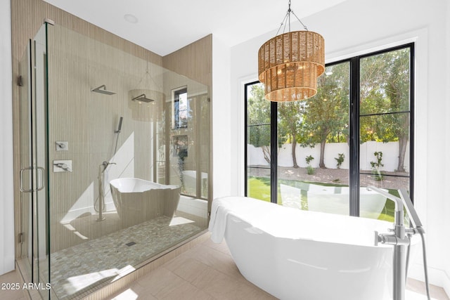 full bath featuring an inviting chandelier, a shower stall, a freestanding tub, and plenty of natural light