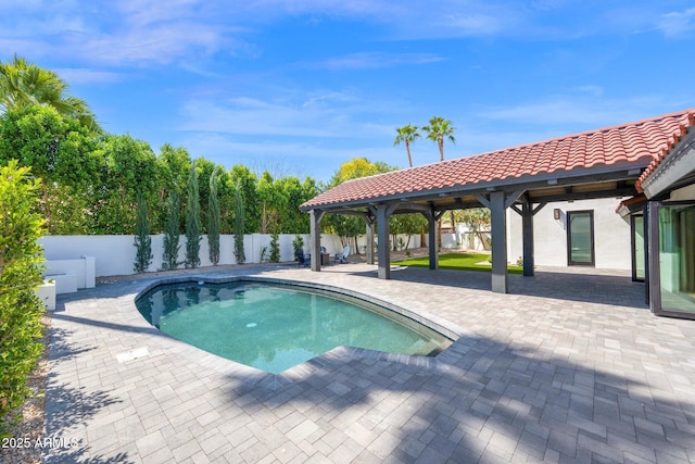 view of pool with a fenced in pool, a patio, a gazebo, and a fenced backyard