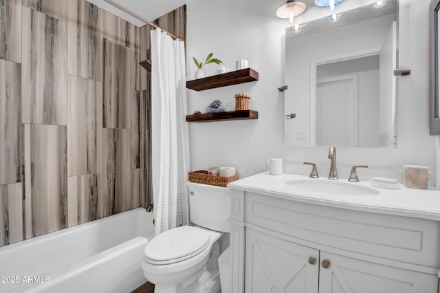 bathroom with toilet, shower / bathtub combination with curtain, and vanity