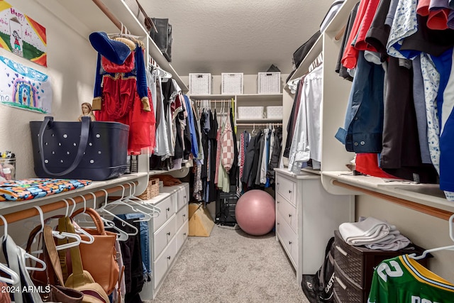 spacious closet featuring light colored carpet