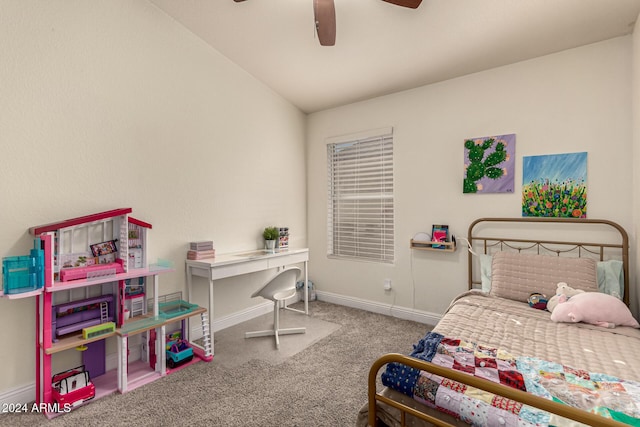 bedroom featuring ceiling fan, carpet floors, and lofted ceiling