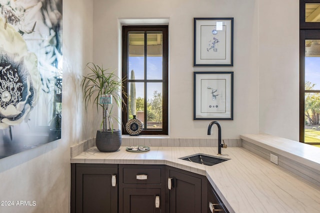 kitchen featuring a wealth of natural light, dark brown cabinets, and sink