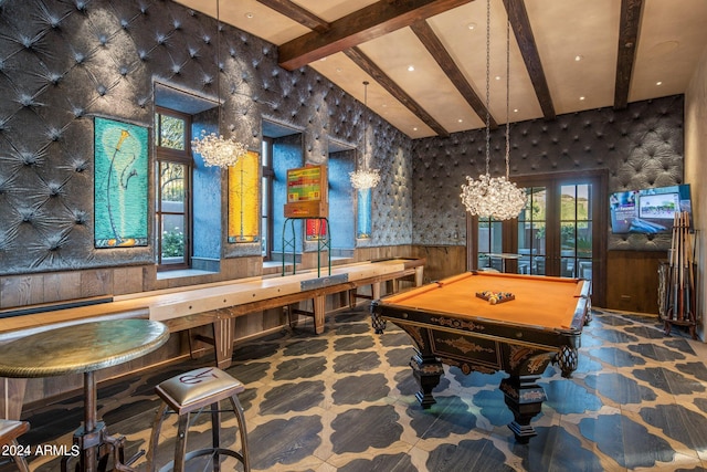 rec room featuring billiards, lofted ceiling with beams, french doors, and a chandelier