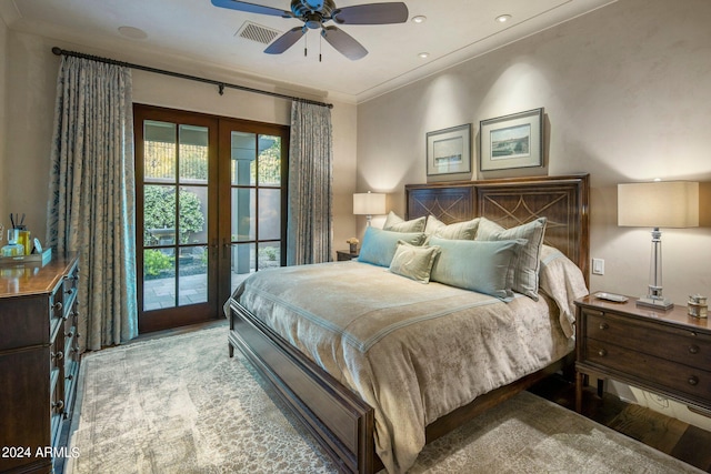 bedroom featuring french doors, ceiling fan, access to exterior, hardwood / wood-style flooring, and ornamental molding