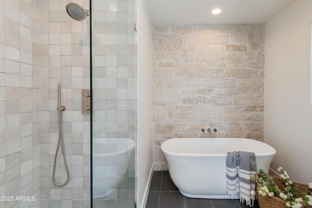 3186 E Stella Ln, Phoenix, AZ 85016 - full bathroom with tiled shower, tile patterned floors, a soaking tub, and recessed lighting