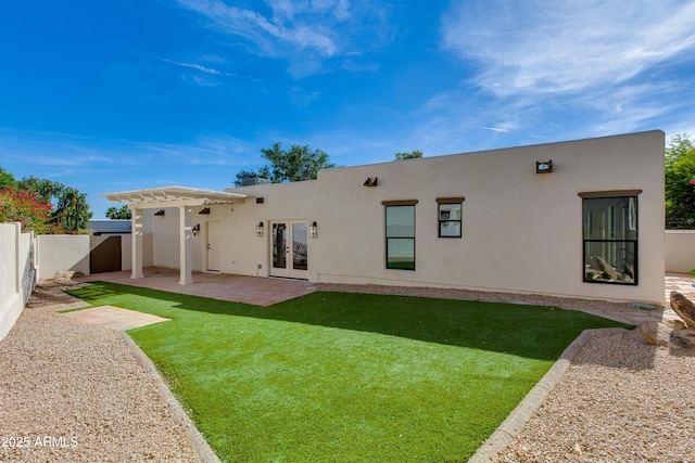 3186 E Stella Ln, Phoenix, AZ 85016 - rear view of house with stucco siding, a pergola, a patio area, and french doors