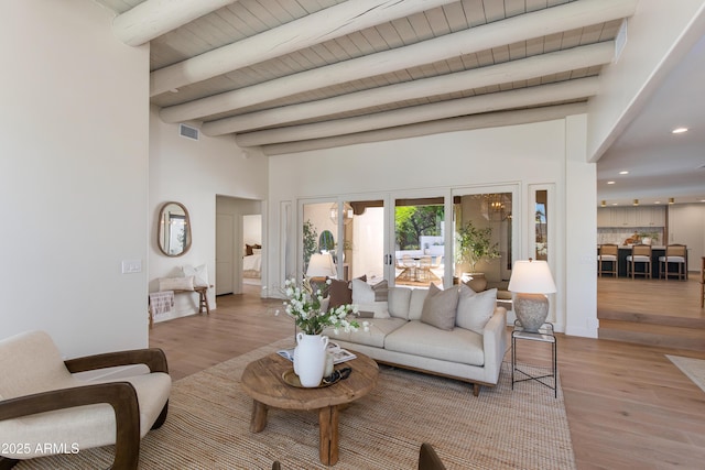 3186 E Stella Ln, Phoenix, AZ 85016 - living room with beamed ceiling, wood finished floors, a high ceiling, and recessed lighting