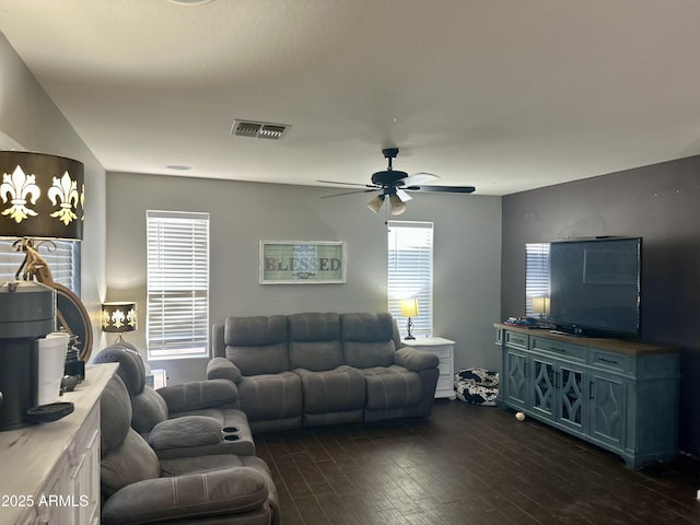 491 E Jeanne Ln, San Tan Valley, AZ 85140 - living area with dark wood-style flooring and a ceiling fan