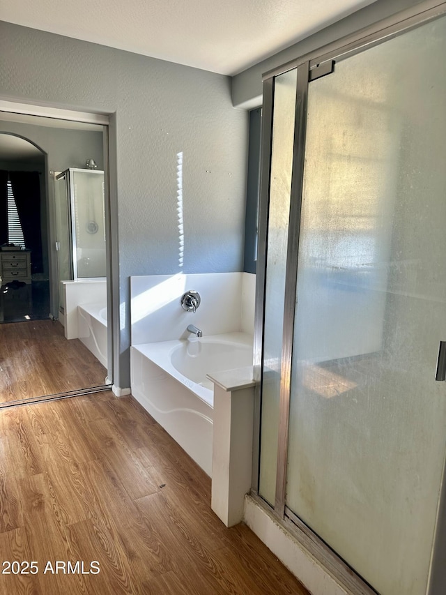 491 E Jeanne Ln, San Tan Valley, AZ 85140 - bathroom with a bath, wood finished floors, and a shower stall