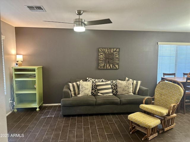 491 E Jeanne Ln, San Tan Valley, AZ 85140 - living room with wood finished floors, ceiling fan, and baseboards