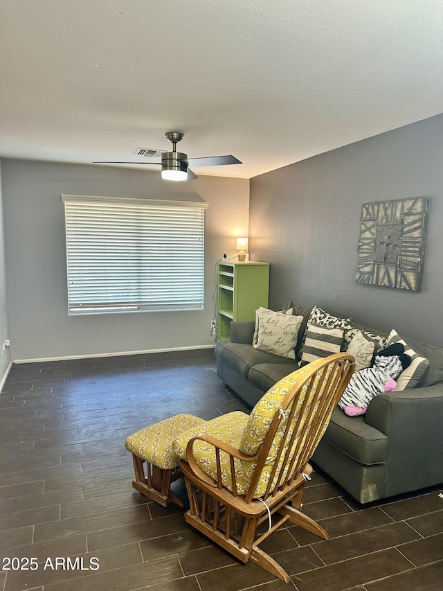 491 E Jeanne Ln, San Tan Valley, AZ 85140 - living room with wood tiled floors, a ceiling fan, and baseboards