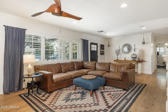 3308 N 51st St, Phoenix, AZ 85018 - living room with ceiling fan, ornamental molding, light wood-type flooring, recessed lighting, and baseboards