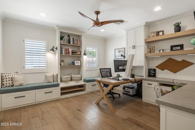 3308 N 51st St, Phoenix, AZ 85018 - office with a ceiling fan, ornamental molding, light wood finished floors, and recessed lighting