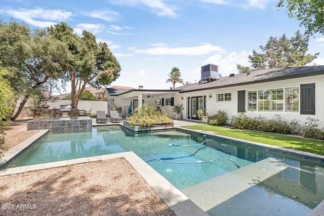 3308 N 51st St, Phoenix, AZ 85018 - outdoor pool featuring a patio area, fence, cooling unit, and ceiling fan