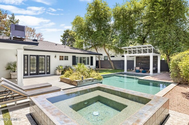 3308 N 51st St, Phoenix, AZ 85018 - view of swimming pool featuring an in-ground hot tub, french doors, central AC unit, a fenced backyard, and a patio area