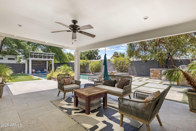 3308 N 51st St, Phoenix, AZ 85018 - view of patio / terrace featuring outdoor lounge area, a fenced backyard, a gazebo, and a ceiling fan