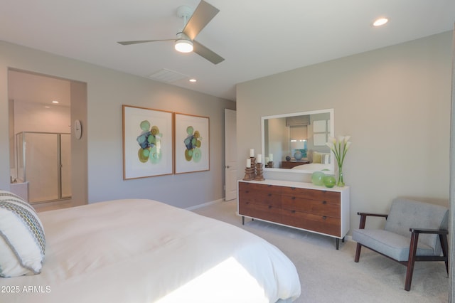 bedroom featuring light carpet and ceiling fan