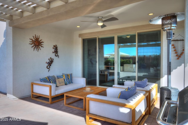 view of patio / terrace featuring outdoor lounge area, ceiling fan, and a pergola