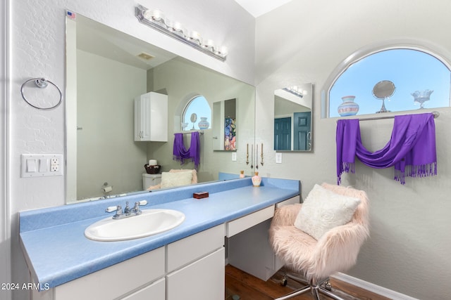 bathroom with vanity and hardwood / wood-style flooring