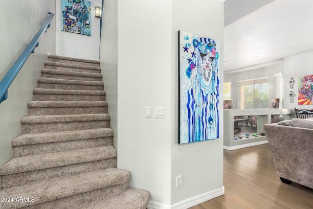 staircase with wood-type flooring