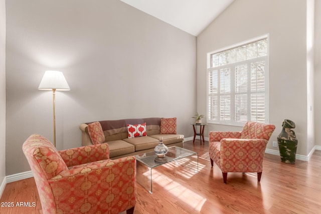 living room with light hardwood / wood-style flooring and vaulted ceiling