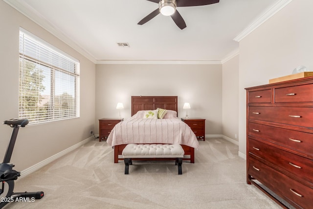 bedroom with light carpet, crown molding, and ceiling fan