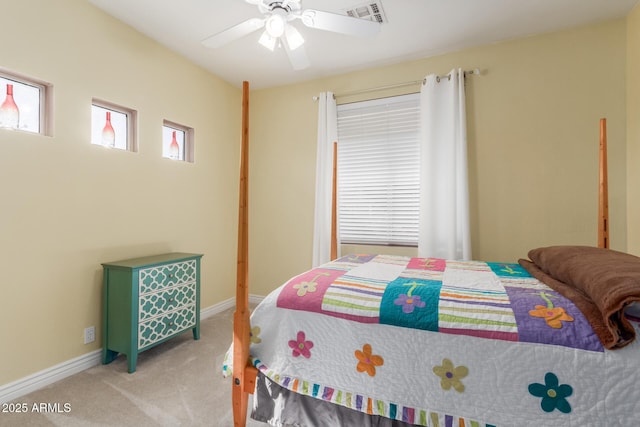 bedroom with light colored carpet and ceiling fan