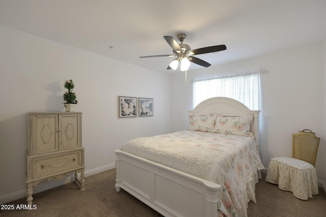 bedroom featuring a ceiling fan, baseboards, and carpet floors