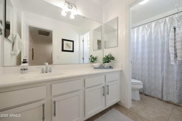 full bath featuring tile patterned floors, visible vents, toilet, curtained shower, and vanity