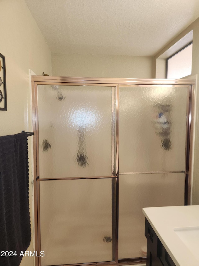 bathroom featuring vanity, a textured ceiling, and a shower with door