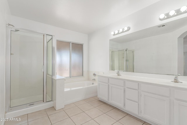 1371 W Gary Dr, Chandler, AZ 85224 - full bathroom featuring a shower stall, tile patterned floors, double vanity, and a bath