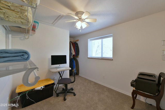 2273 Lindbergh Rd, Overgaard, AZ 85933 - office area featuring carpet, ceiling fan, attic access, and baseboards