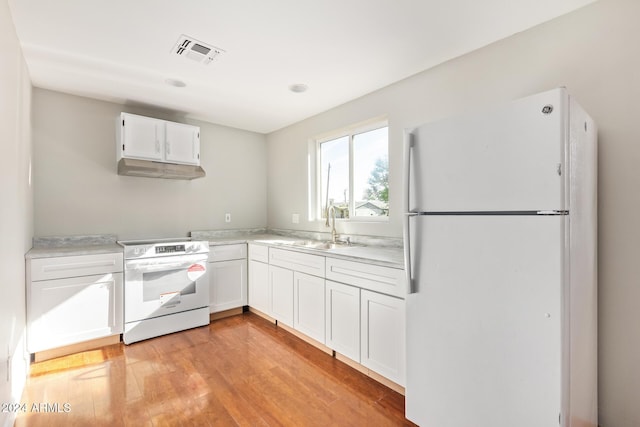 kitchen with white cabinetry, light wood-type flooring, white appliances, and sink