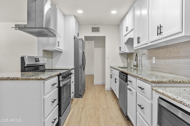 kitchen with visible vents, a sink, appliances with stainless steel finishes, wall chimney exhaust hood, and white cabinets