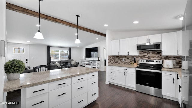 kitchen with lofted ceiling with beams, hanging light fixtures, white cabinets, and stainless steel appliances