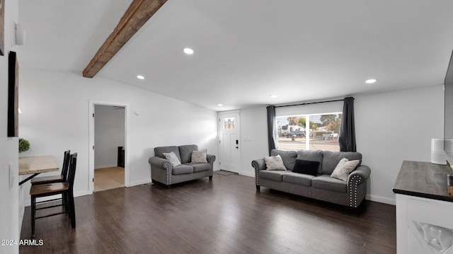 living room with dark hardwood / wood-style floors and lofted ceiling with beams